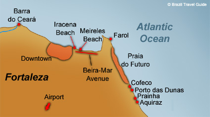 Brazil Fortaleza map: the beaches, the airport and its outskirts